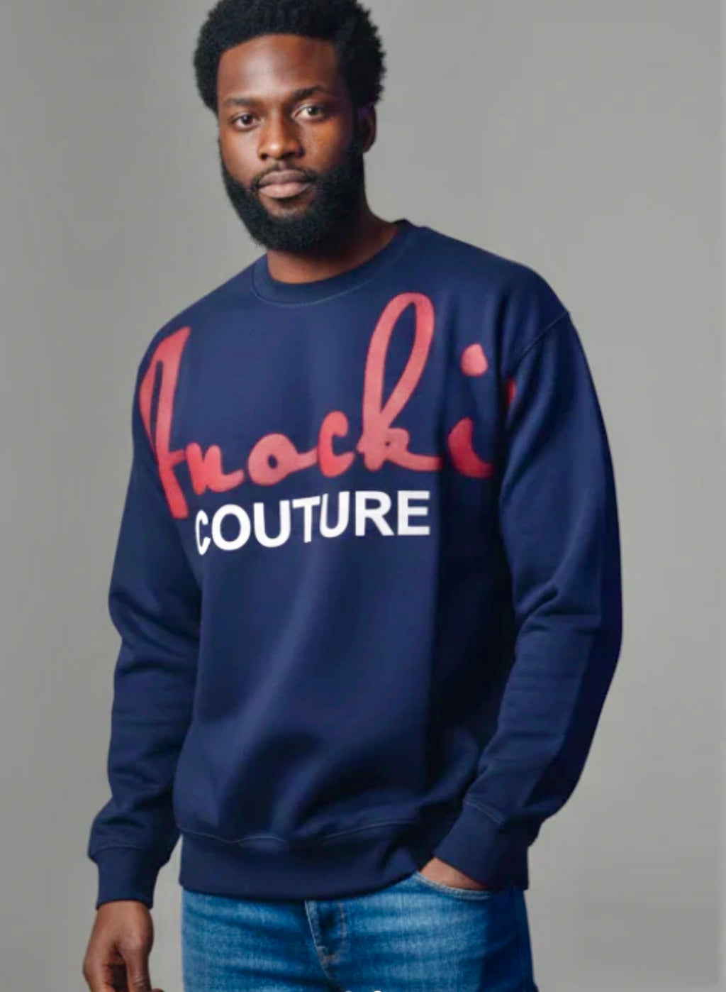 Anockii Couture Signature Navy Blue Crewneck Sweatshirt with Red and White Lettering