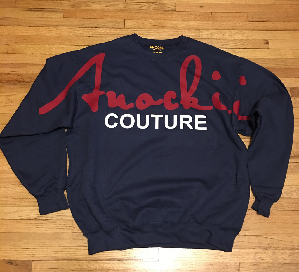 Anockii Couture Signature Navy Blue Crewneck Sweatshirt with Red and White Lettering